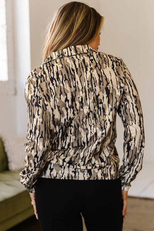 Animal Print Zip Neck Long Sleeve Blouse