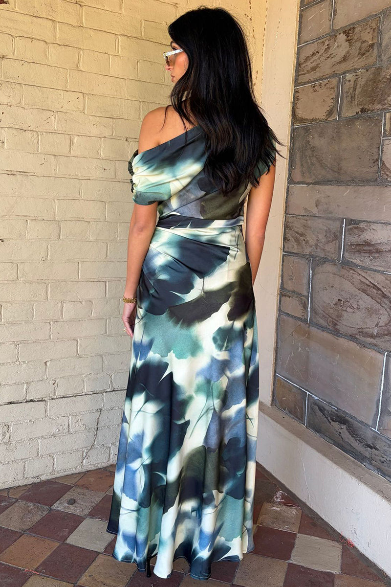 Asymmetrical Off-Shoulder Print Dress