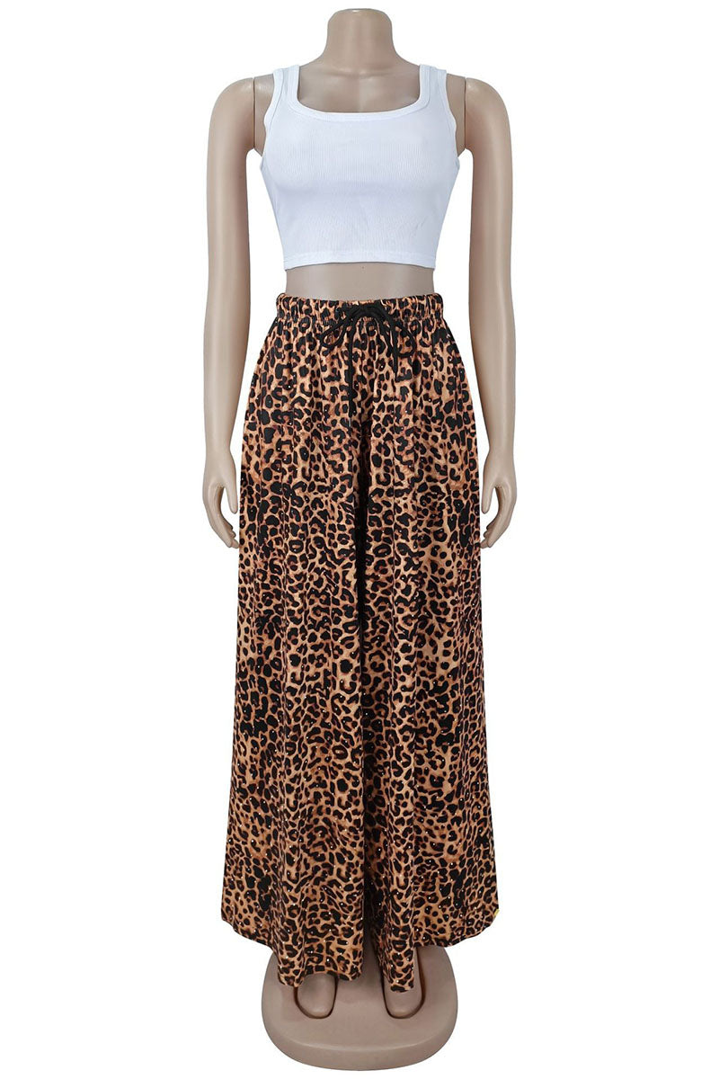 Animal Print Drawstring Wide Leg Casual Pants