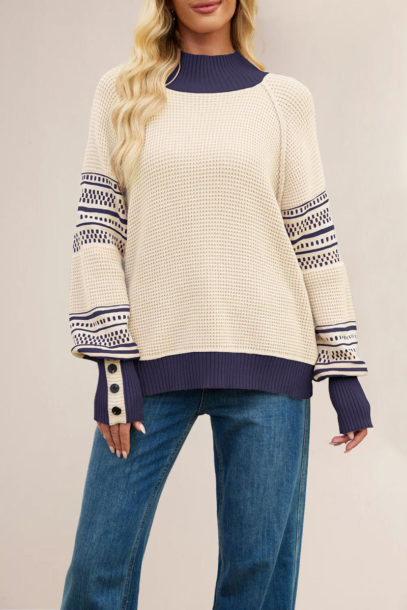 Button Sleeve Patterned Knit Sweater