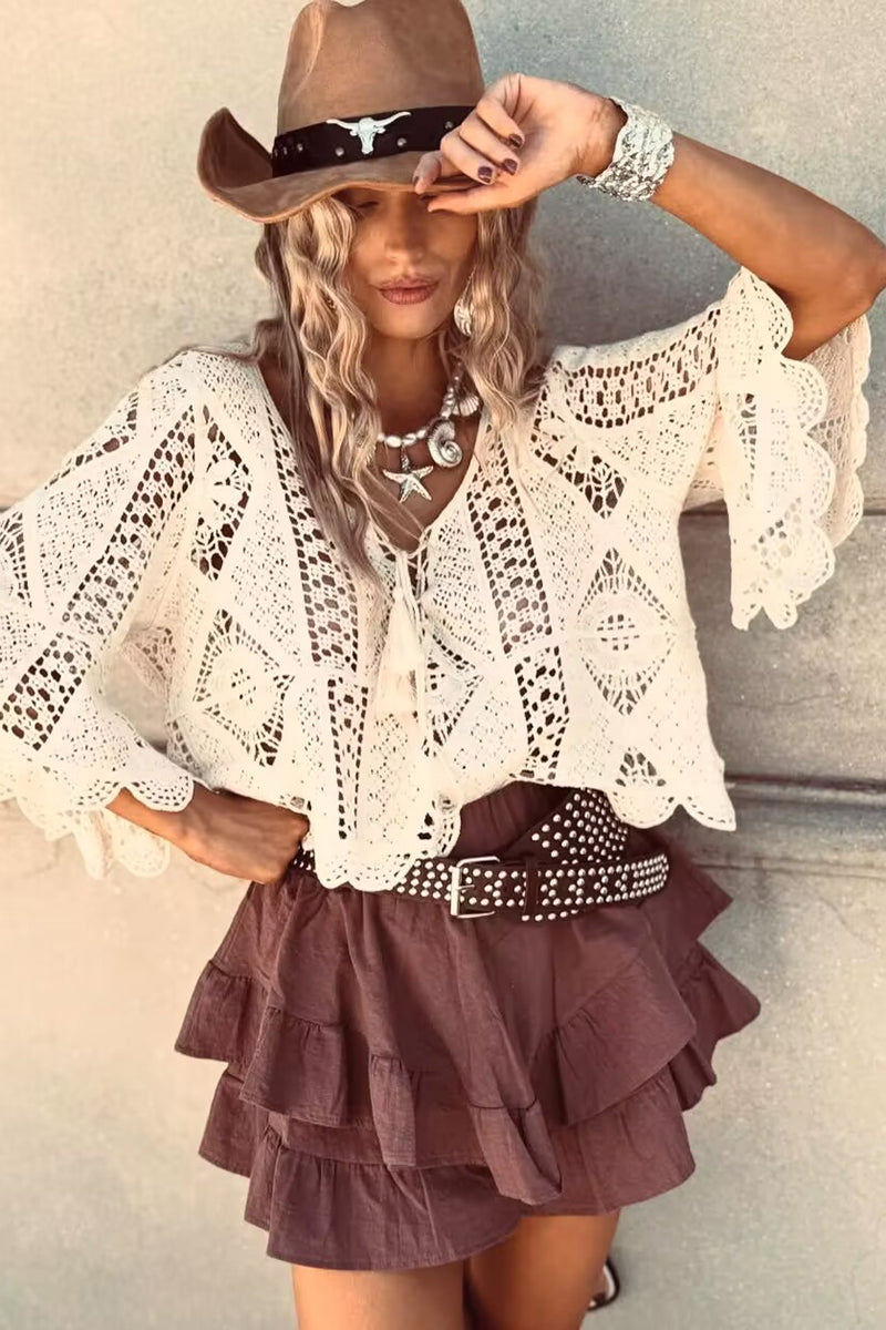 Boho Crochet Bell Sleeve Blouse
