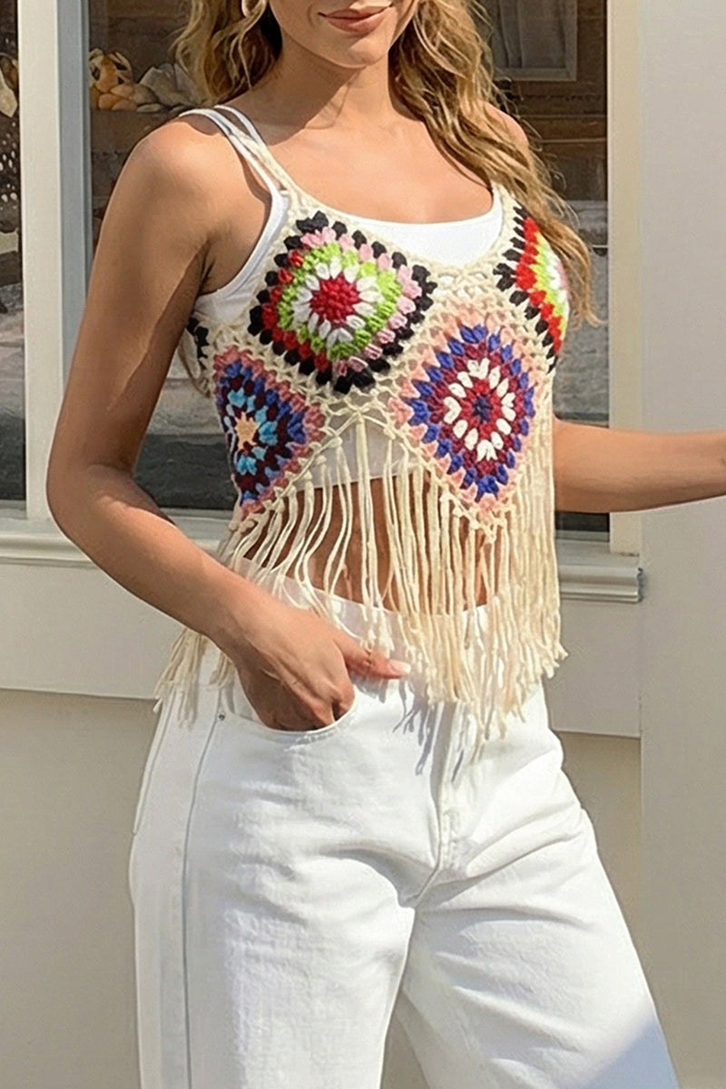 Boho Crochet Fringed Cover-Up Top