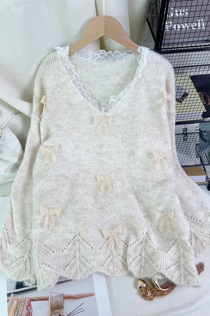 Bow Accent Lace Trim Sweater