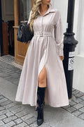 Belted Long Sleeve Slit Midi Dress