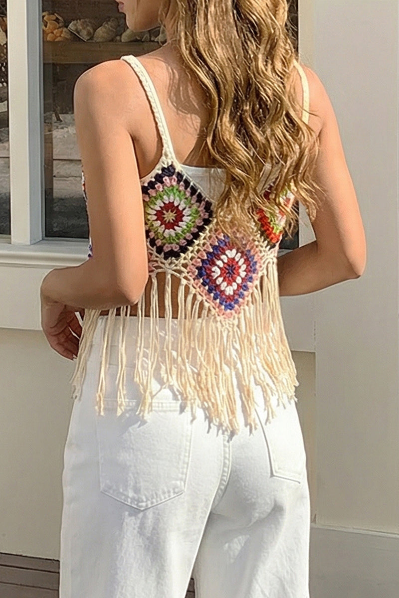 Boho Crochet Fringed Cover-Up Top