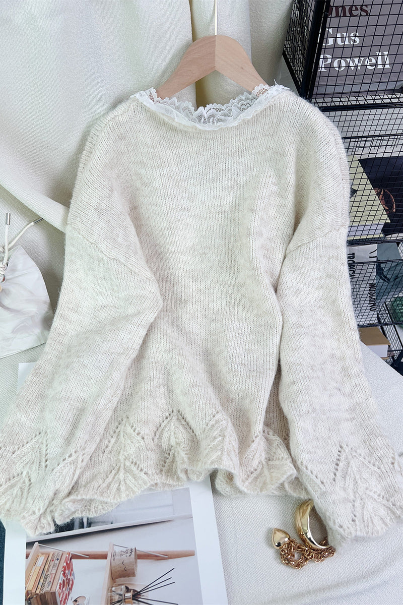 Bow Accent Lace Trim Sweater