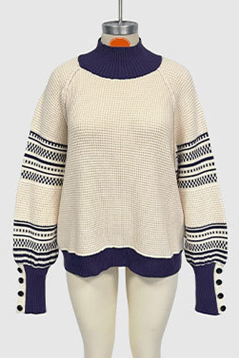 Button Sleeve Patterned Knit Sweater
