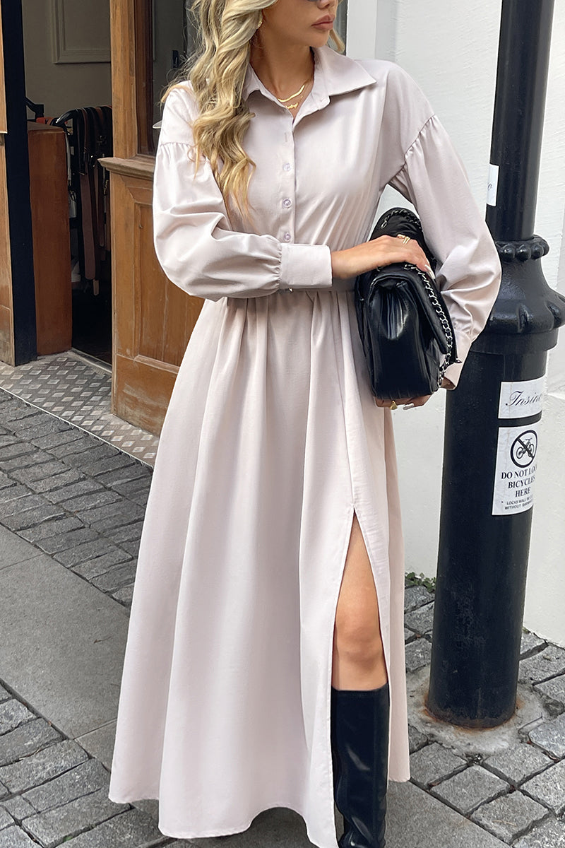 Belted Long Sleeve Slit Midi Dress