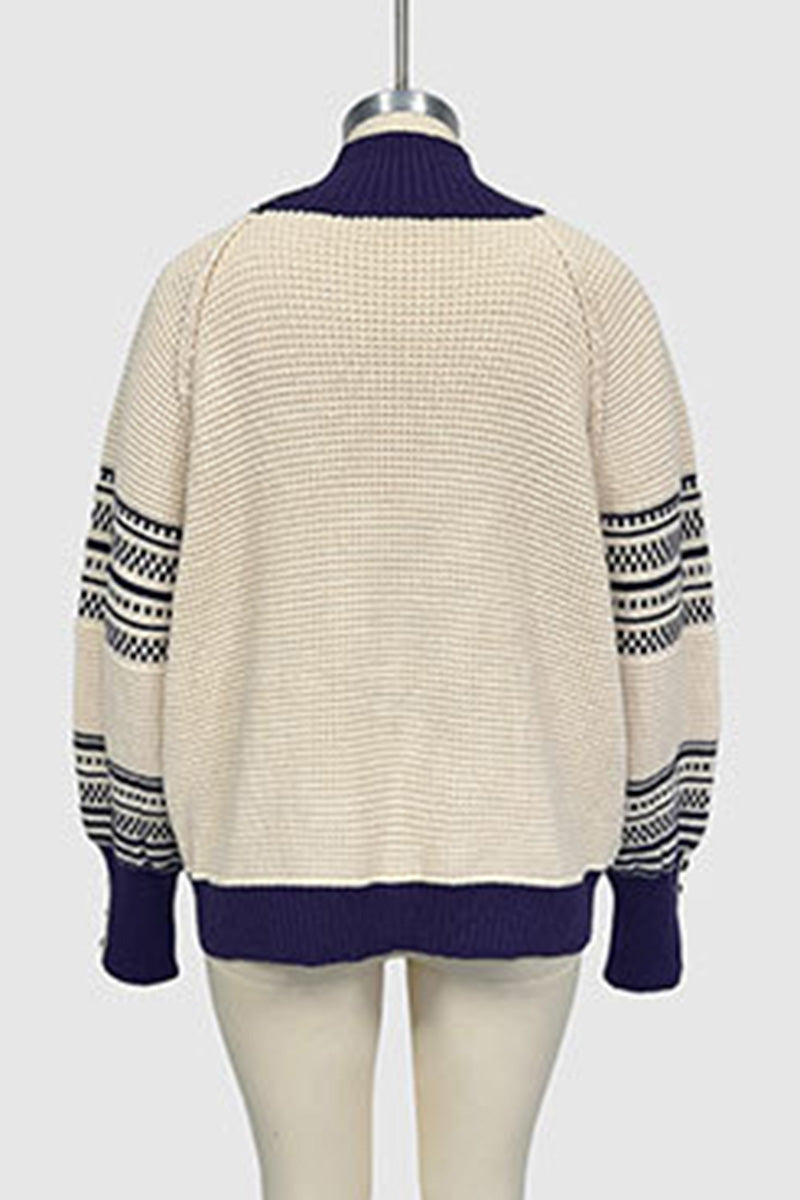 Button Sleeve Patterned Knit Sweater