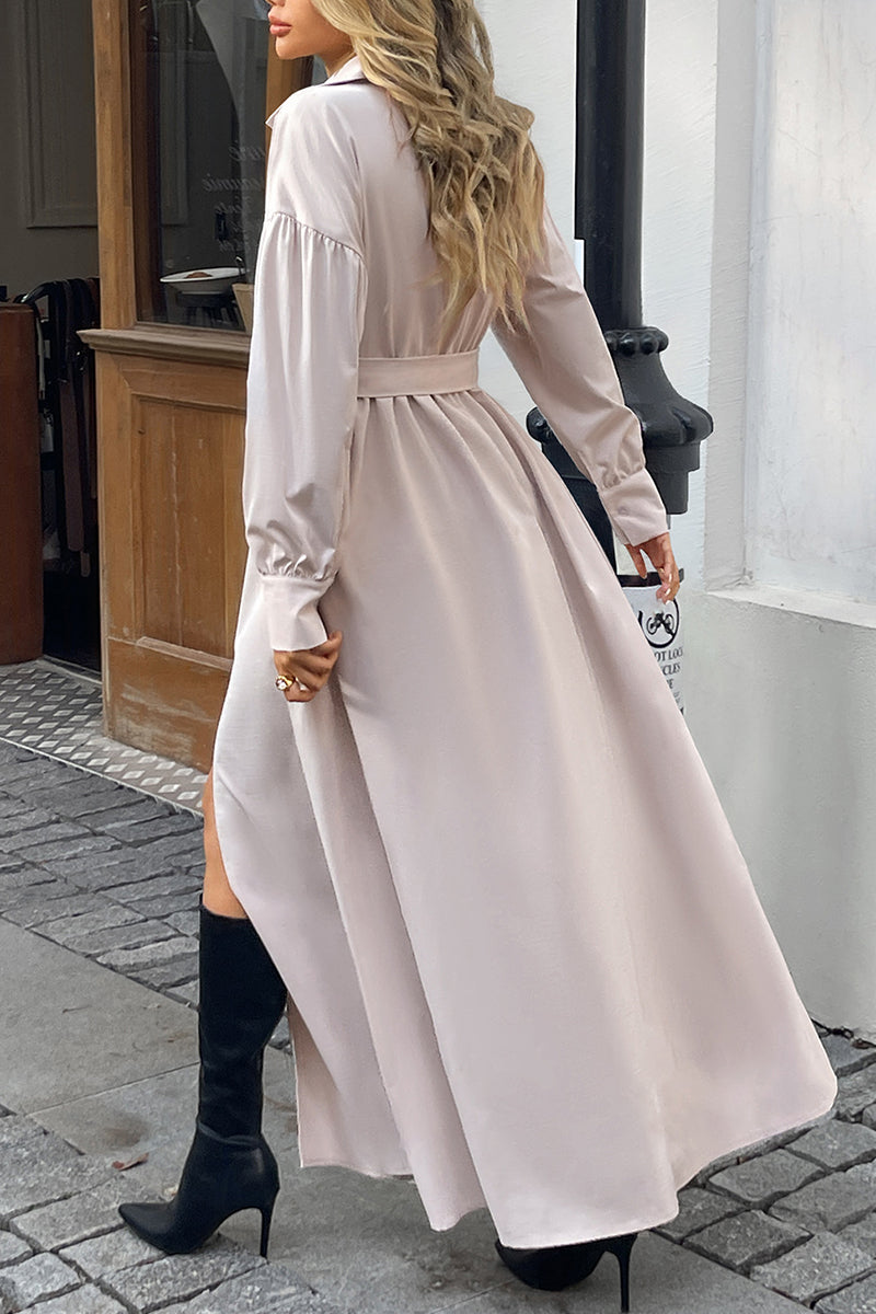 Belted Long Sleeve Slit Midi Dress