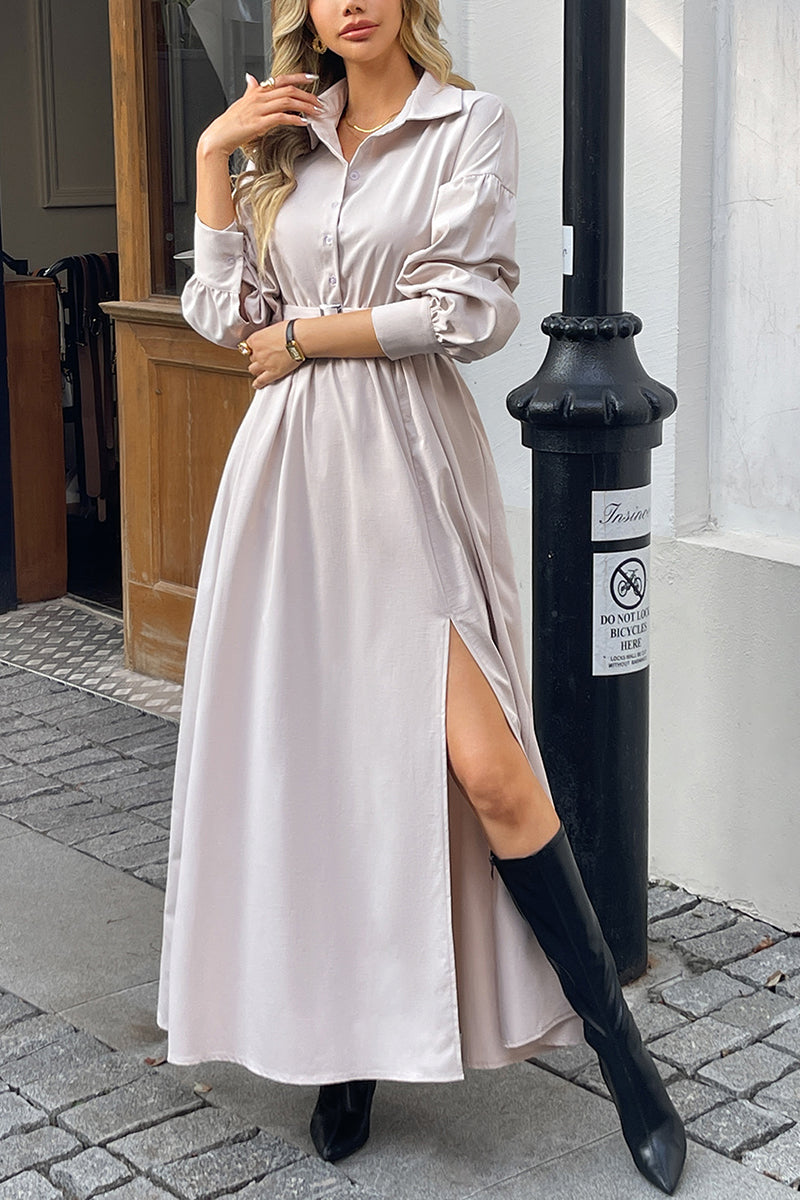 Belted Long Sleeve Slit Midi Dress