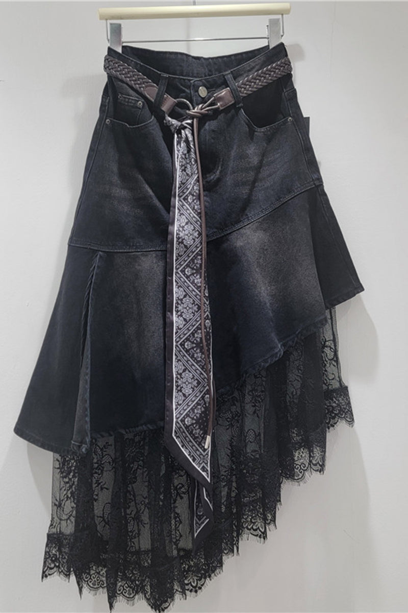 Asymmetric Denim Skirt with Lace Detail