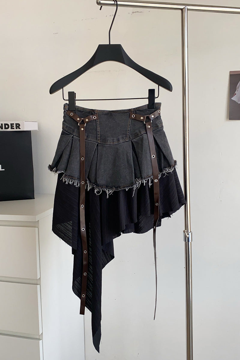 Asymmetric Fringe Mini Skirt with Straps