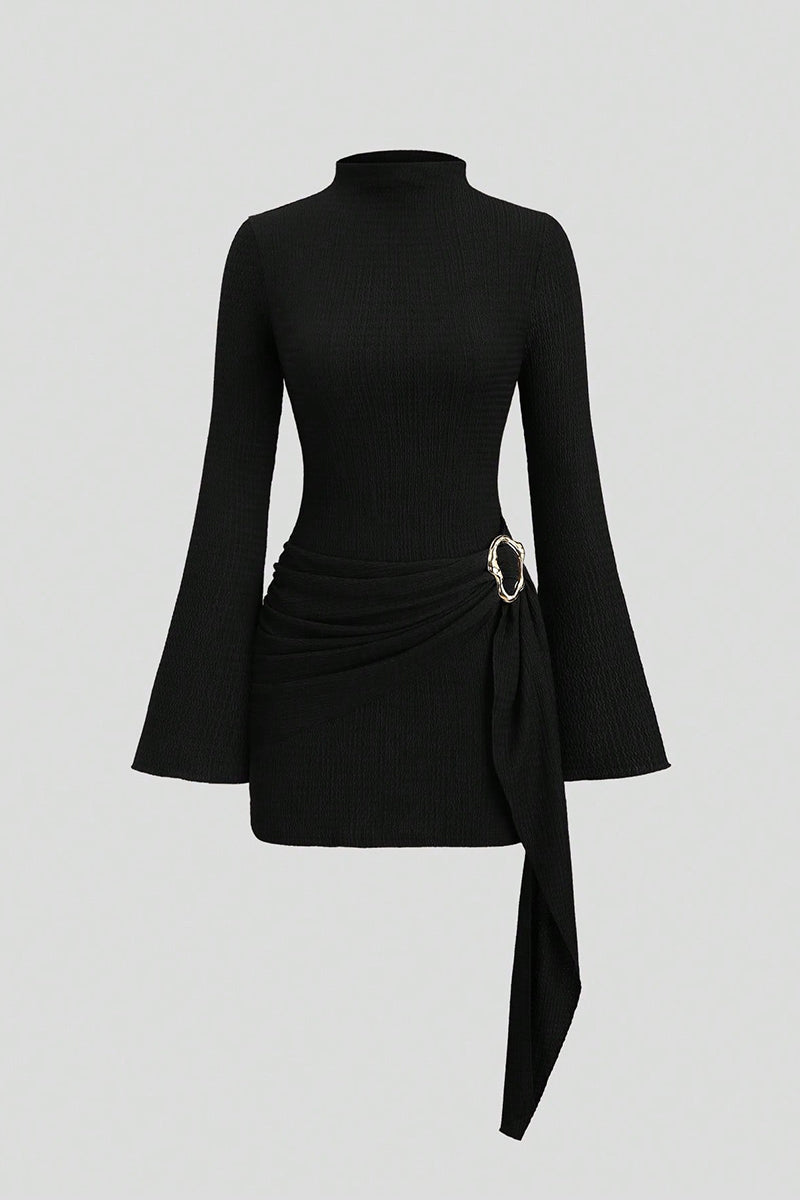 Belted High Neck Bell Sleeve Dress