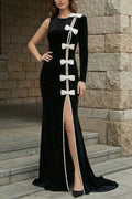 Bow-Embellished Asymmetrical Gown
