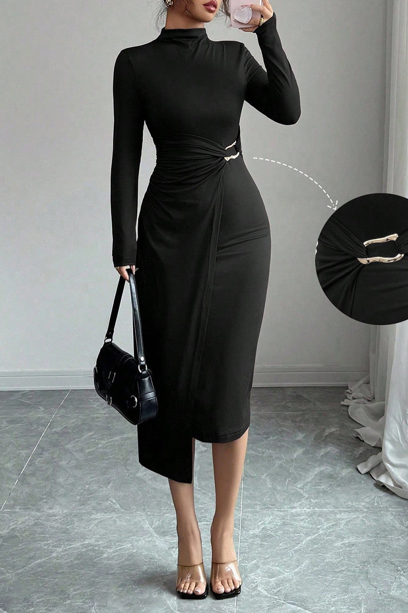 Asymmetrical High-Neck Long Sleeve Dress