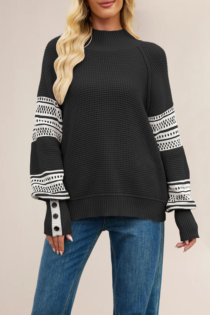 Button Sleeve Patterned Knit Sweater