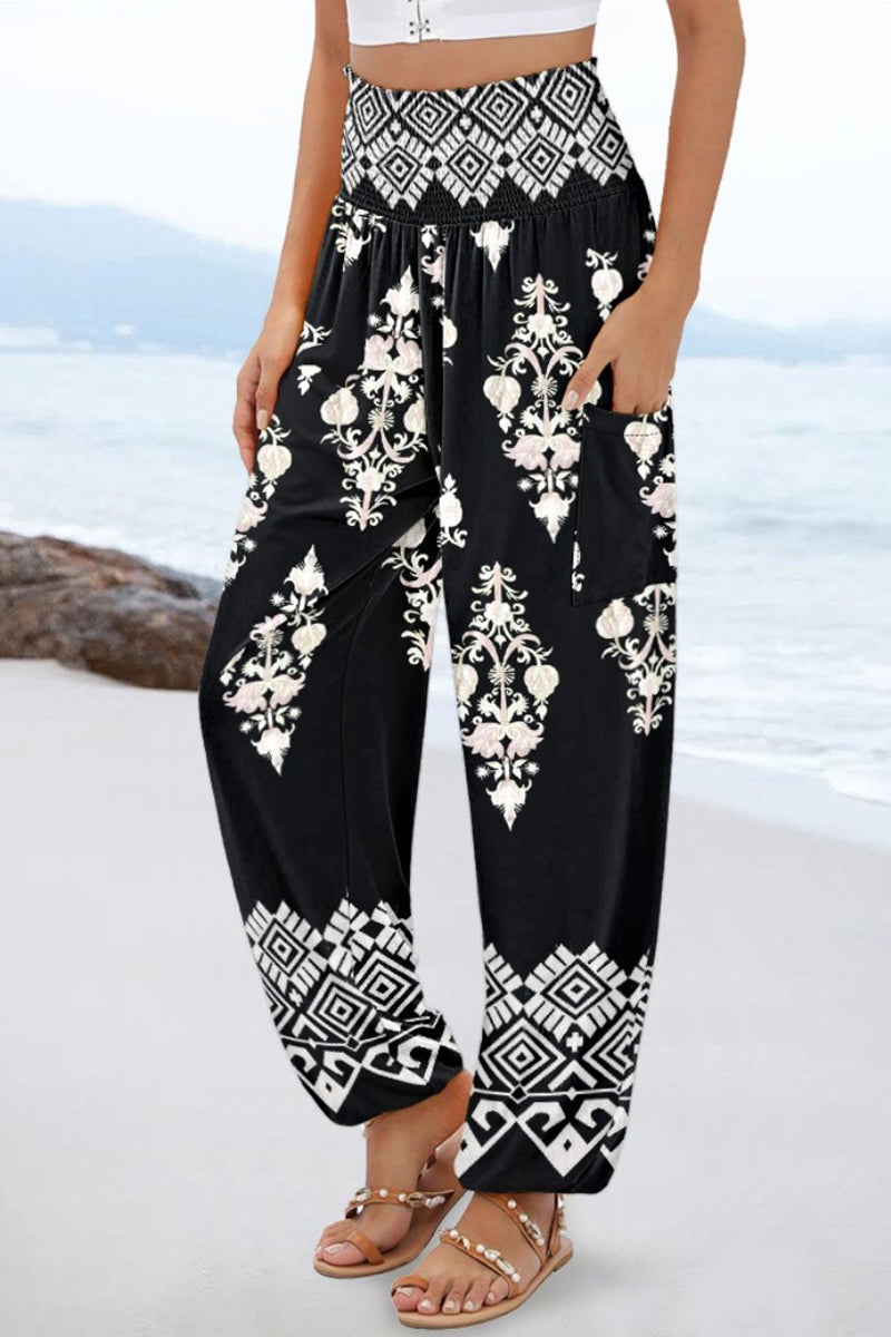 Boho Print Elastic Waist Casual Pants