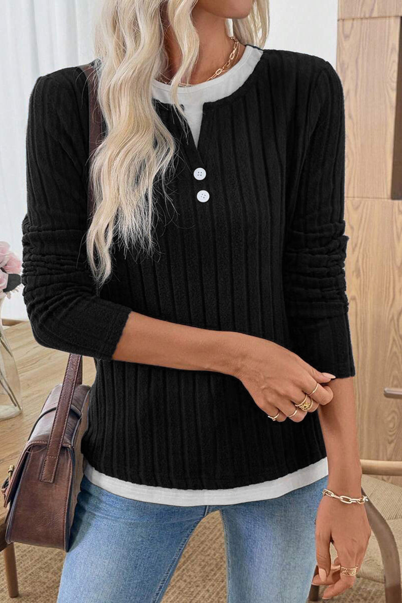 Button Accent Ribbed Long Sleeve Top