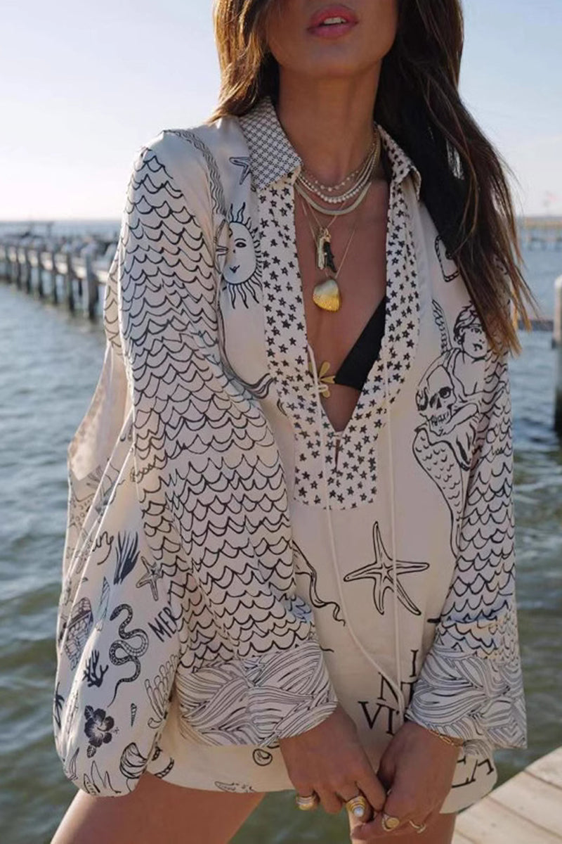 Beach-Themed Printed Shirt and Shorts Set