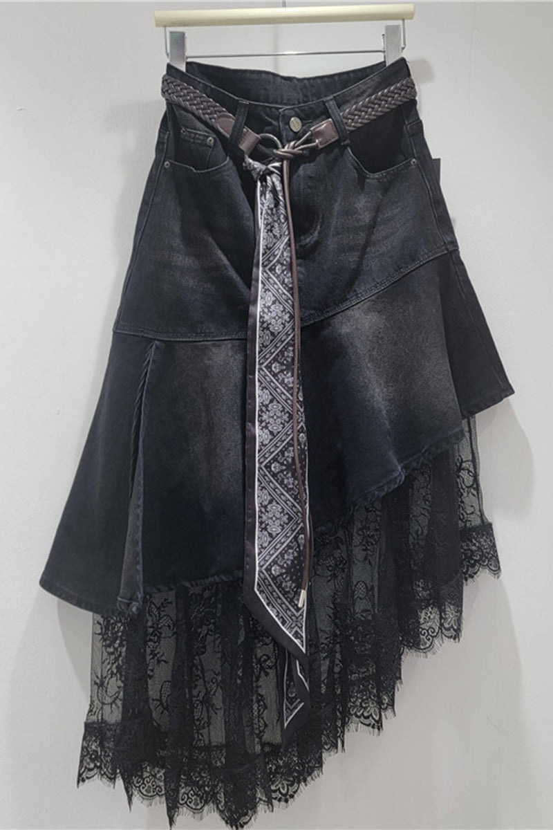 Asymmetric Denim Lace Skirt