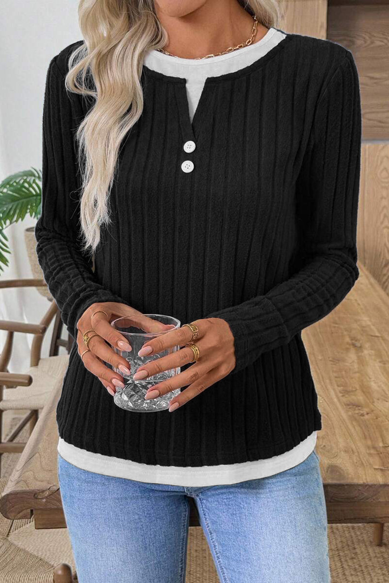 Button Accent Ribbed Long Sleeve Top