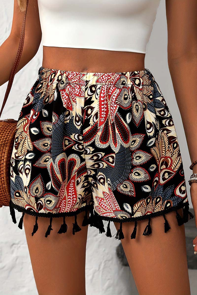 Bohemian Print Tassel Trim Casual Shorts