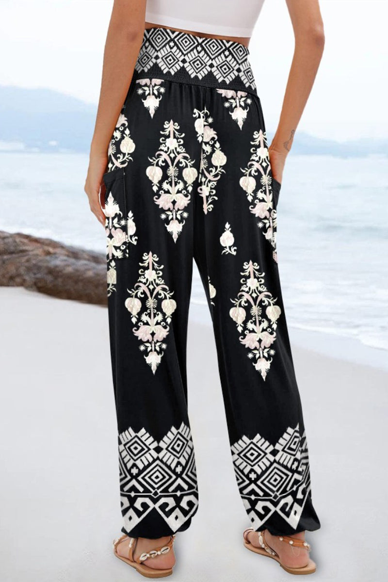 Boho Print Elastic Waist Casual Pants
