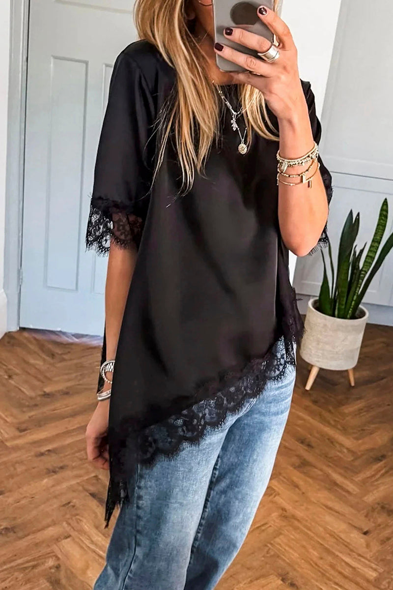 Asymmetric Lace Trim Short Sleeve Top