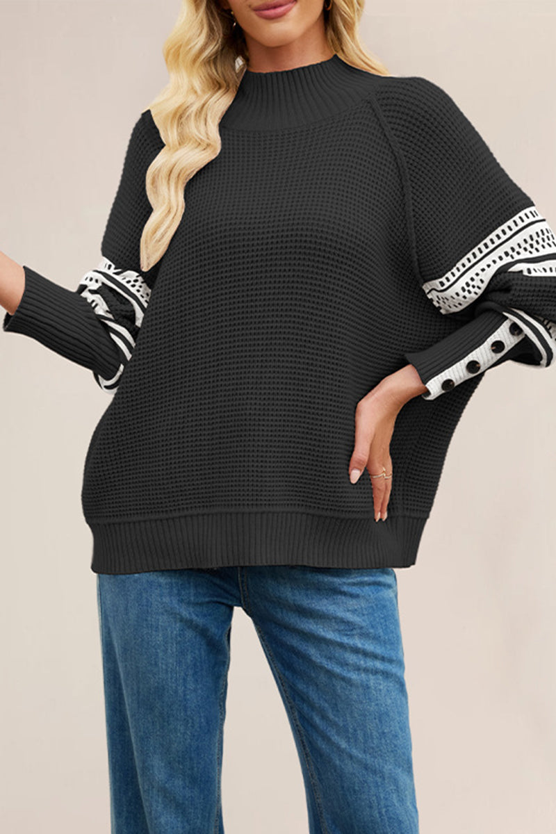 Button Sleeve Patterned Knit Sweater
