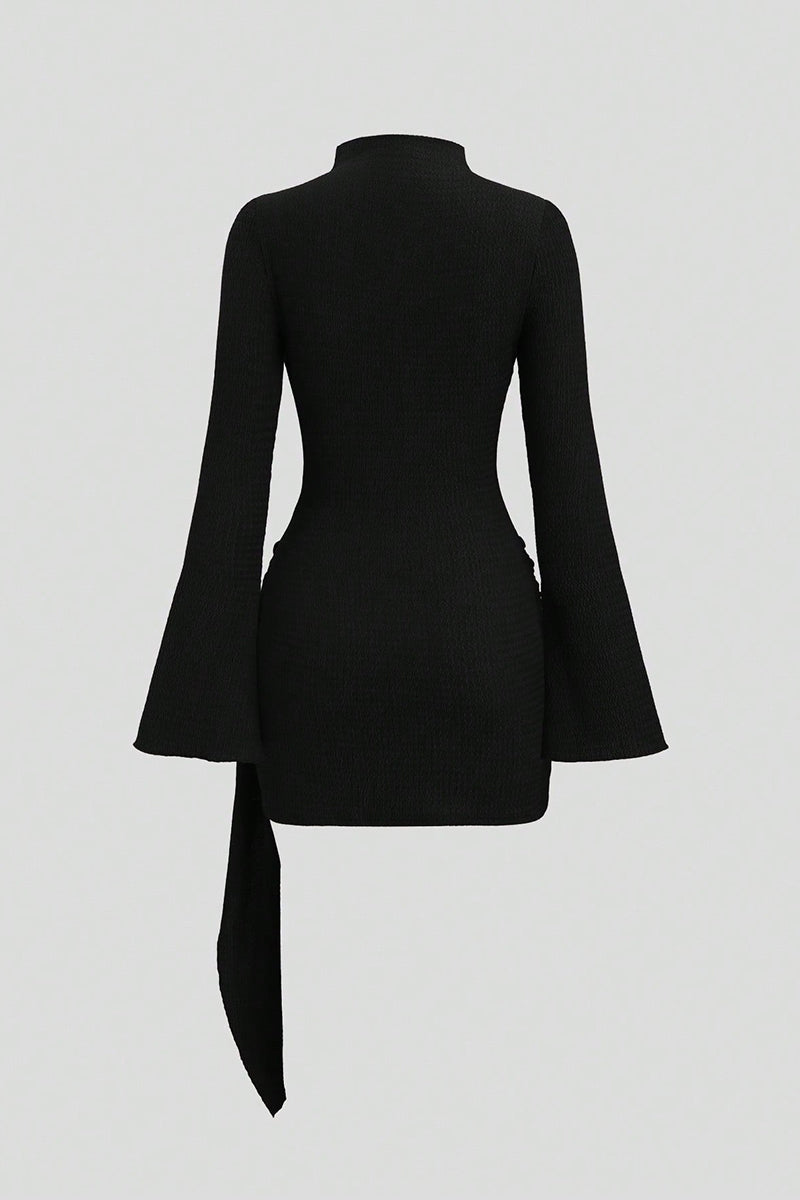 Belted High Neck Bell Sleeve Dress