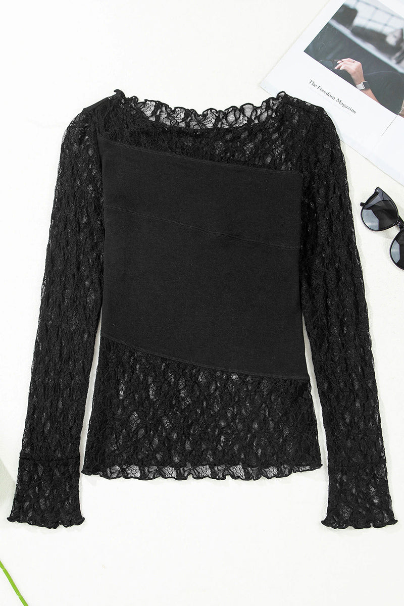 Asymmetric Sheer Floral Lace Patchwork Top