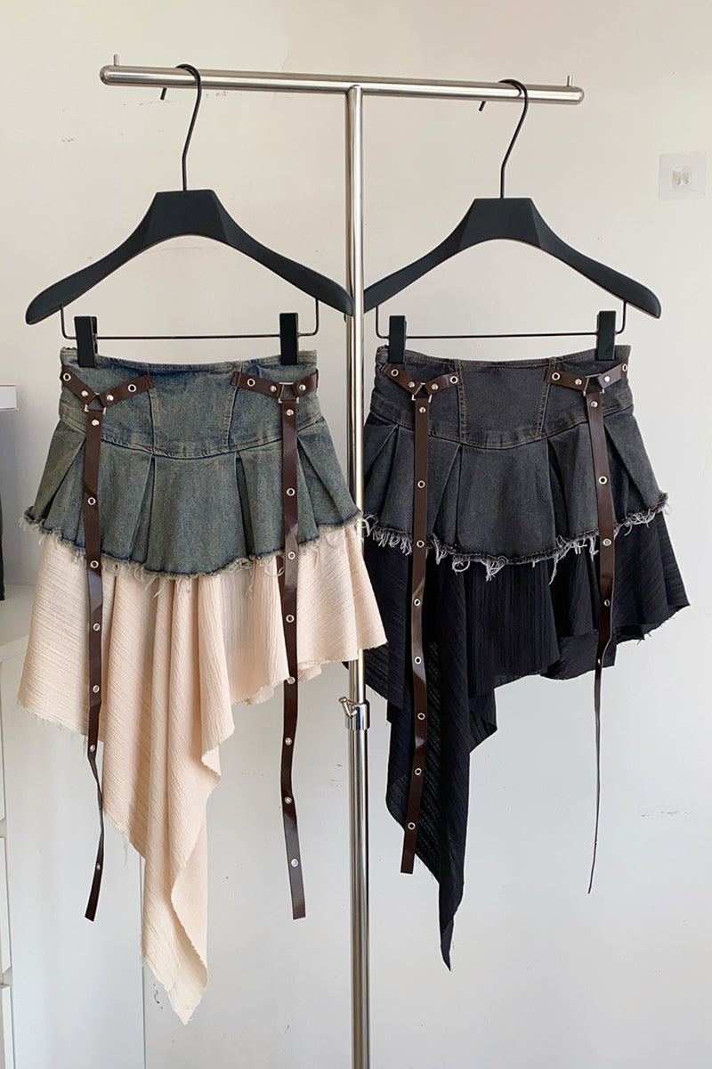 Asymmetric Fringe Mini Skirt with Straps