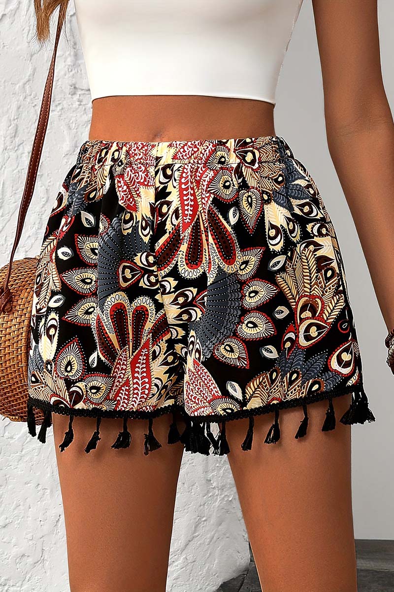 Bohemian Print Tassel Trim Casual Shorts