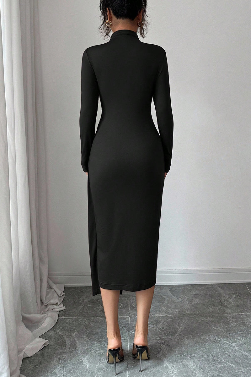 Asymmetrical High-Neck Long Sleeve Dress