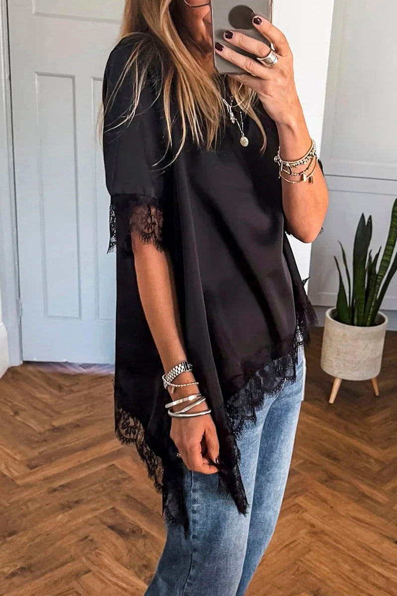 Asymmetric Lace Trim Short Sleeve Top