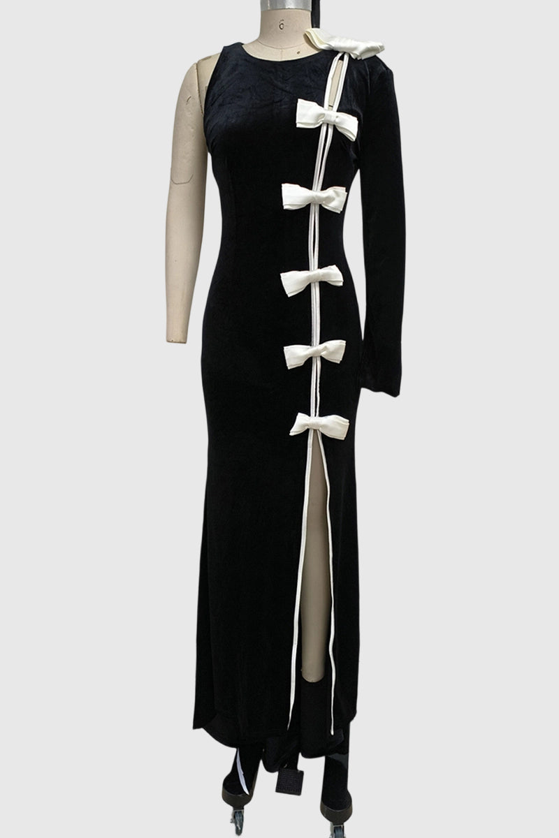 Bow-Embellished Asymmetrical Gown