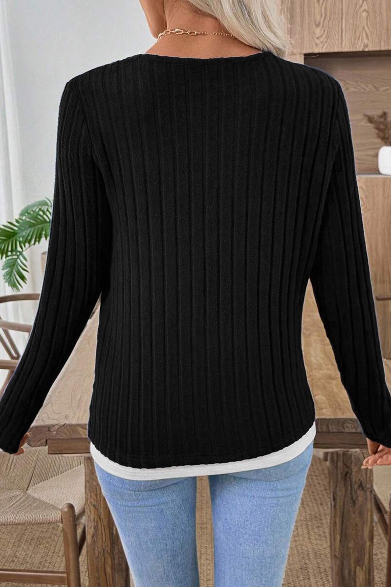 Button Accent Ribbed Long Sleeve Top