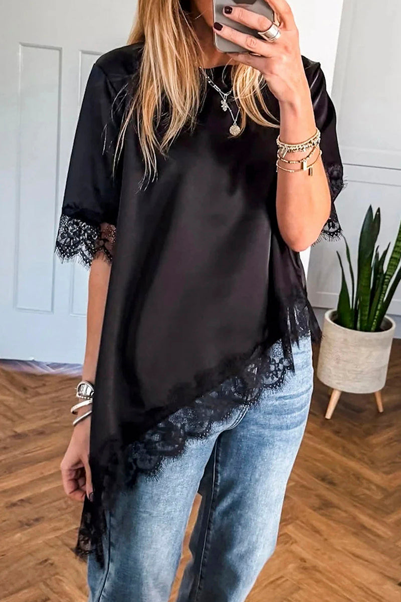Asymmetric Lace Trim Short Sleeve Top