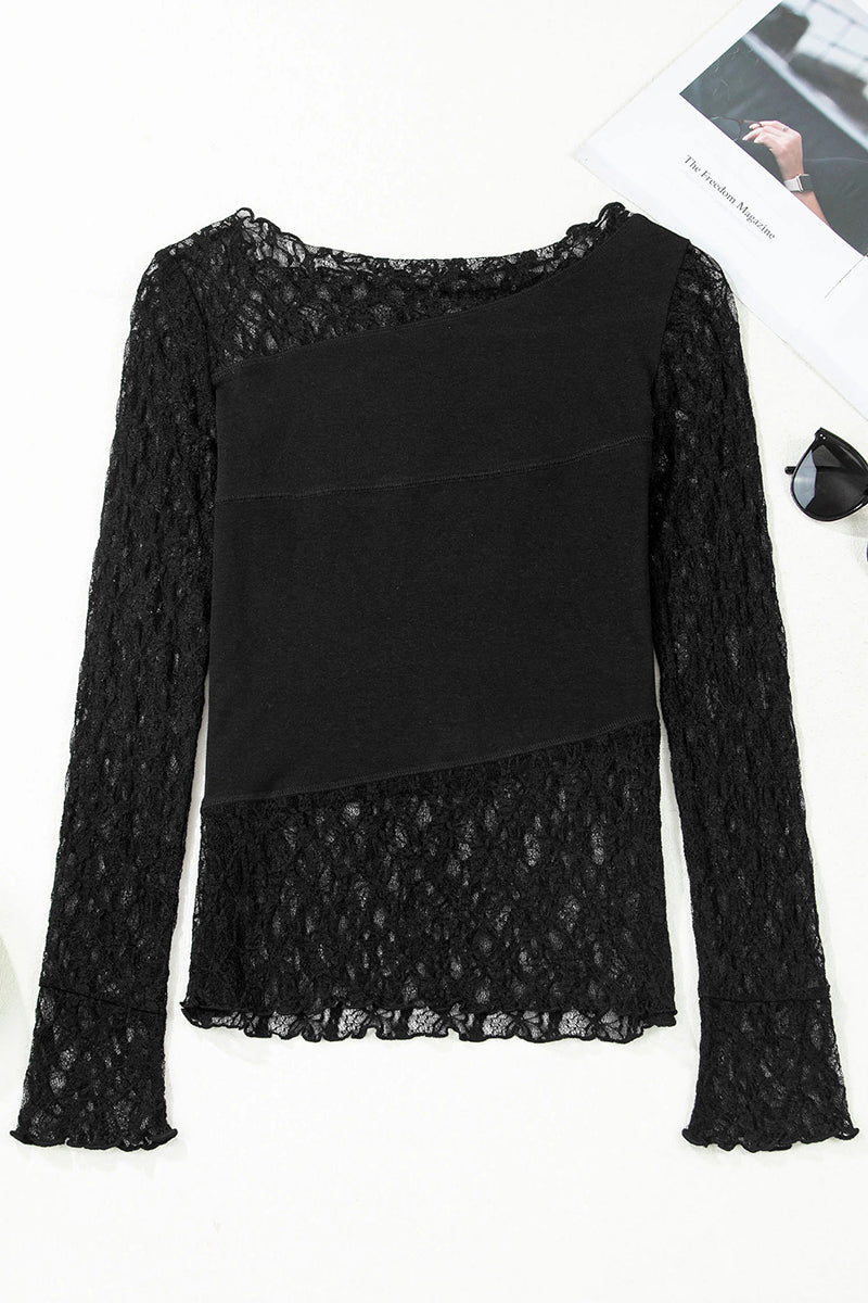 Asymmetric Sheer Floral Lace Patchwork Top