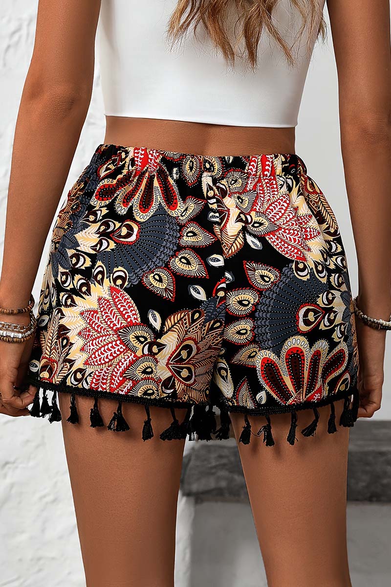 Bohemian Print Tassel Trim Casual Shorts