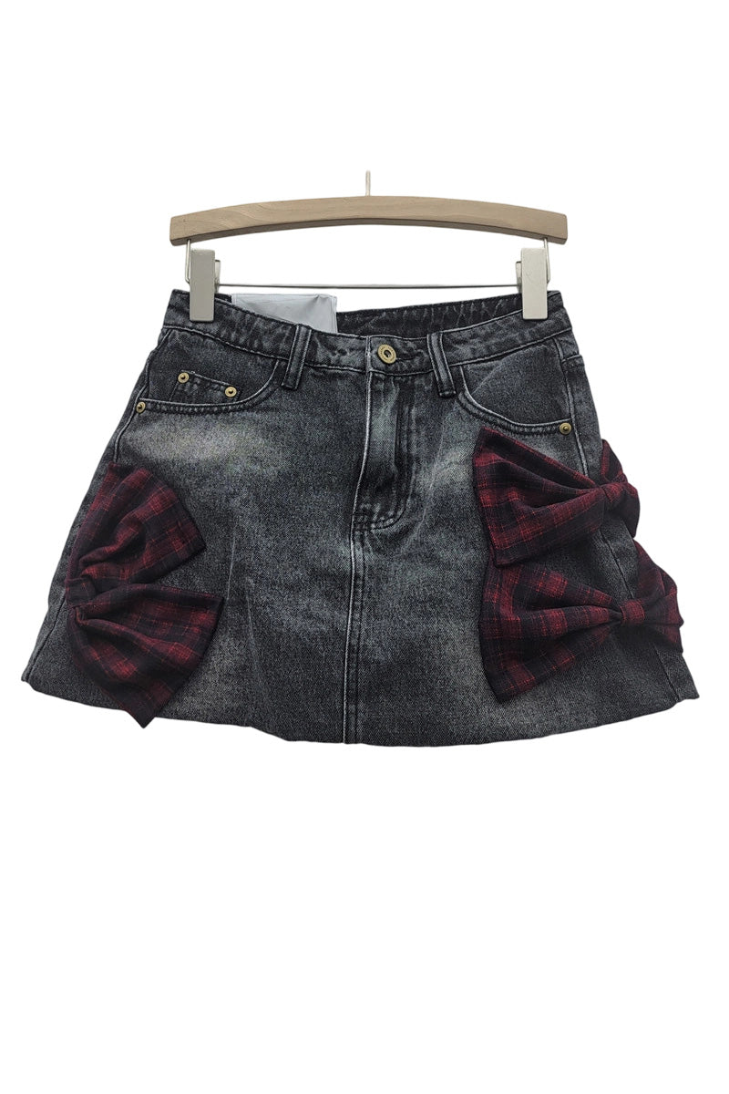 Bow-Accent Denim Skirt