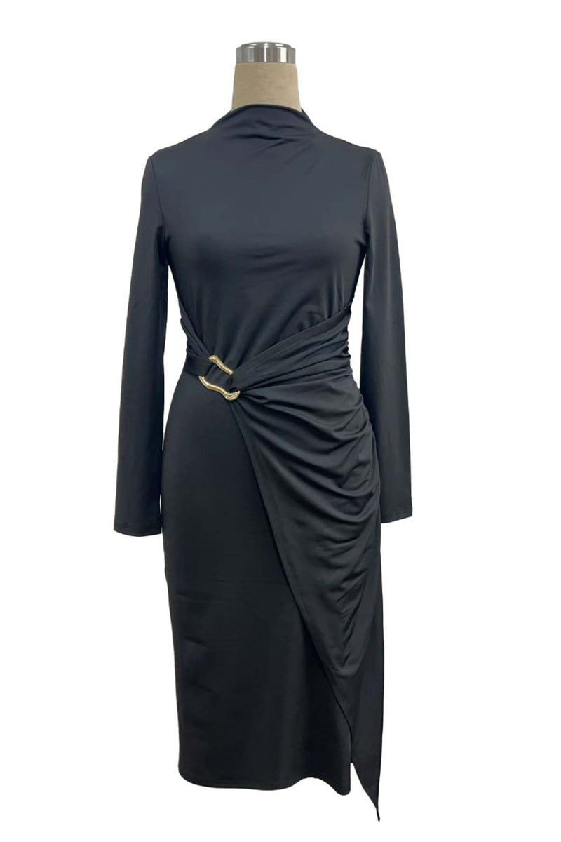 Asymmetrical High-Neck Long Sleeve Dress