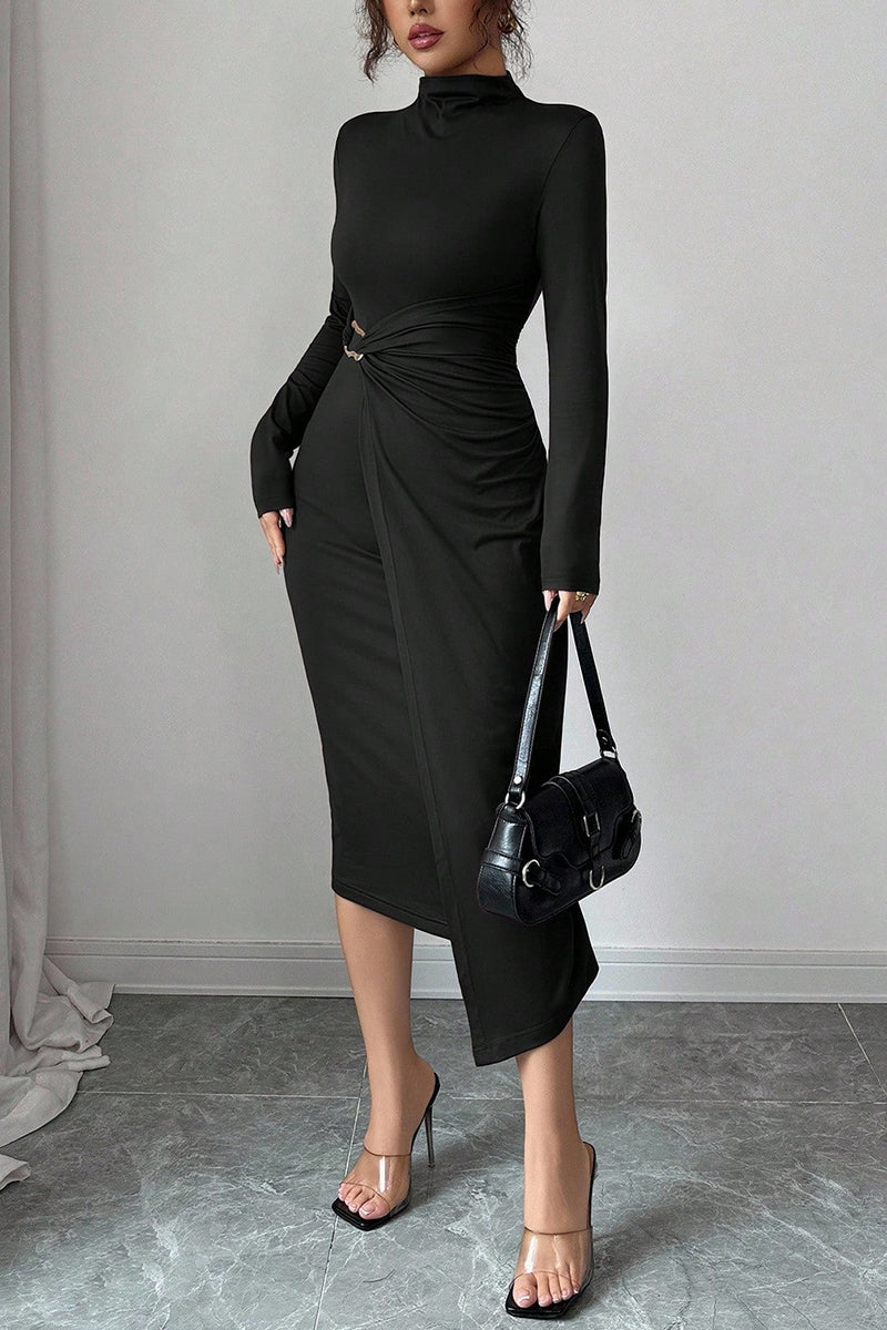 Asymmetrical High-Neck Long Sleeve Dress