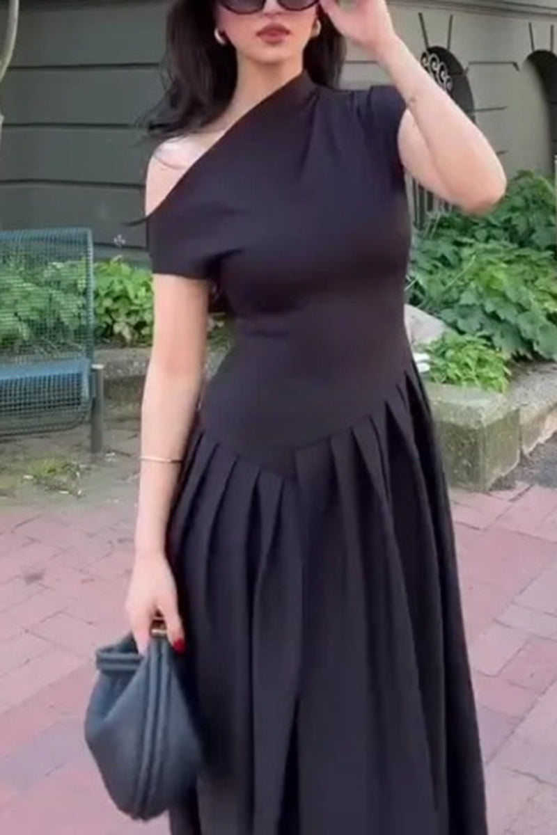 Asymmetrical Neck Pleated Midi Dress