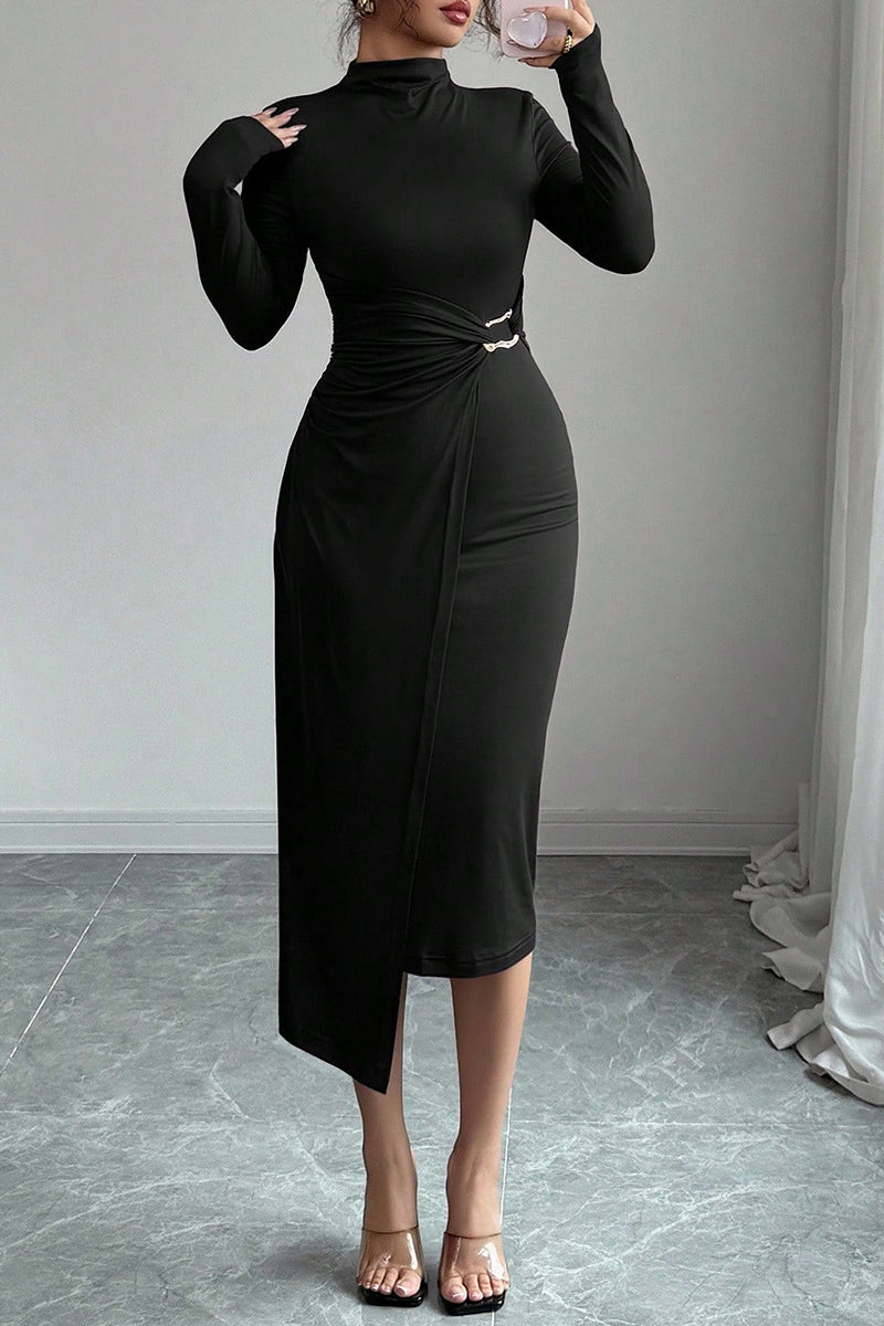 Asymmetrical High-Neck Long Sleeve Dress