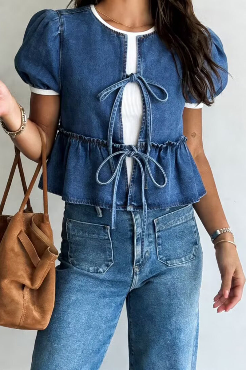 Bow Tie Peplum Denim Jacket