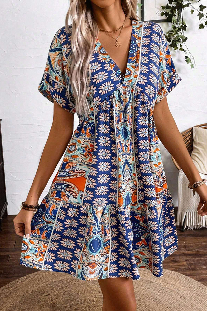 Boho Floral Print V-Neck Casual Dress