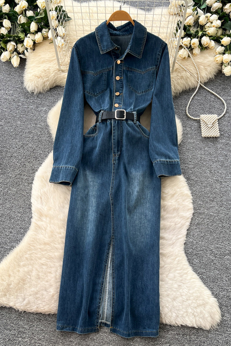 Belted Denim Button-Up Dress