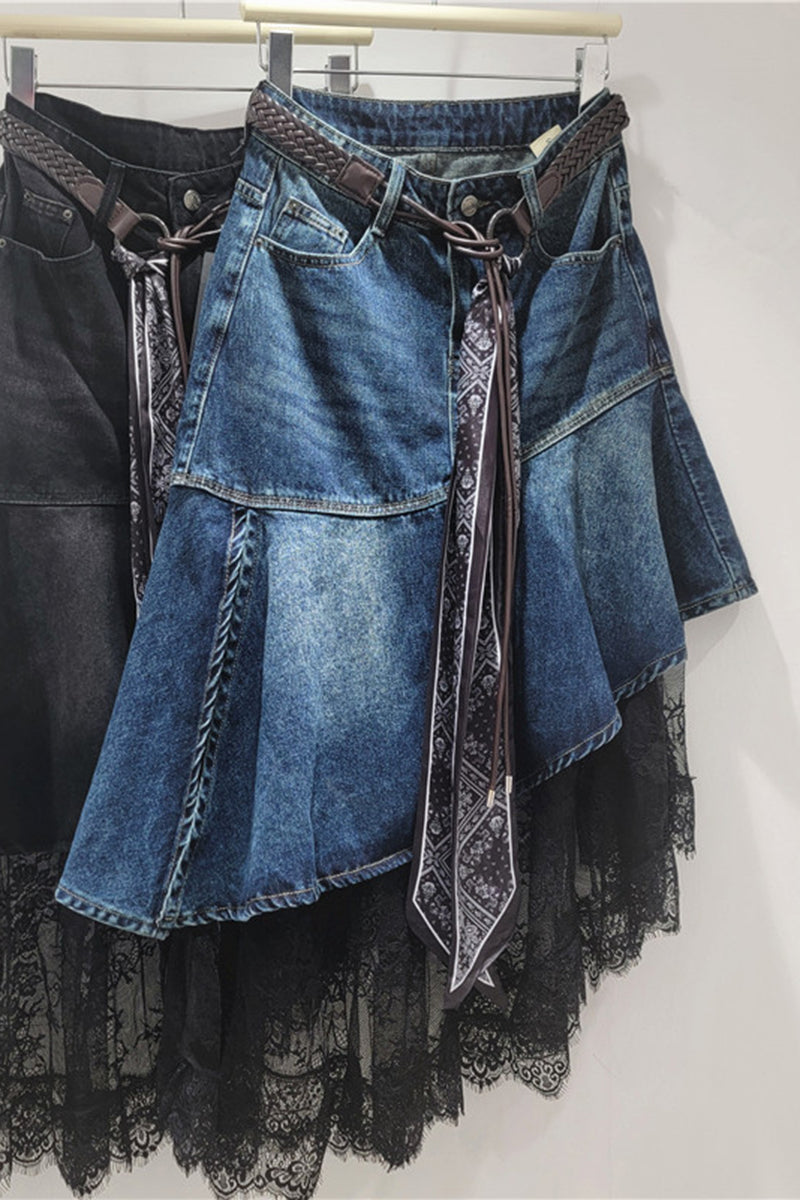 Asymmetric Denim Skirt with Lace Detail